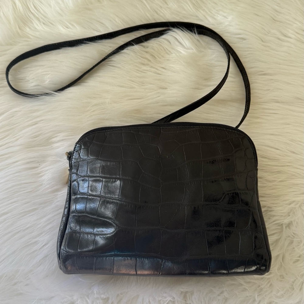 Furla Black Croc Embossed Leather Crossbody Bag Made in Italy